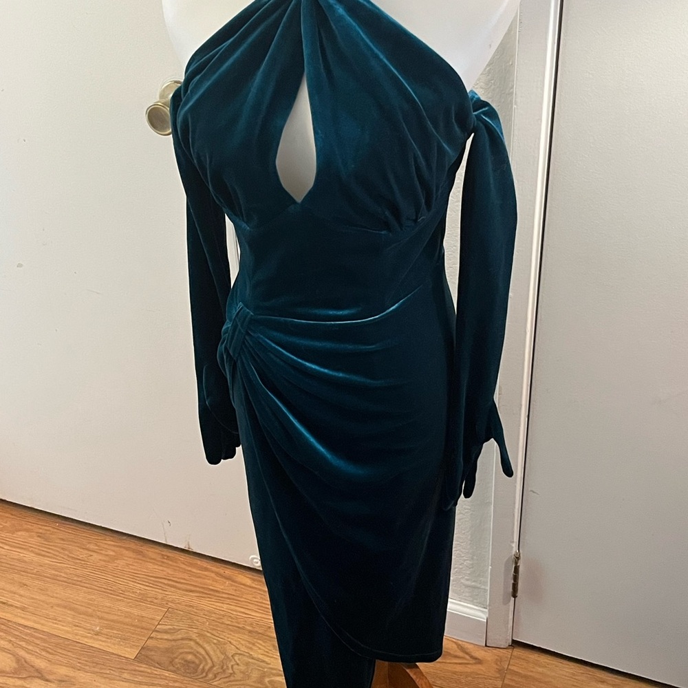 Vixen by Micheline Pitt Teal Velvet Halter Gown Matching Gloves INCLUDED size M - Picture 2 of 6